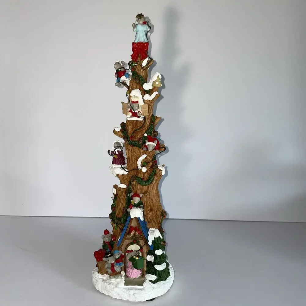 Vintage Christmas Mouse Family Pencil Tree House Musical and Lighted